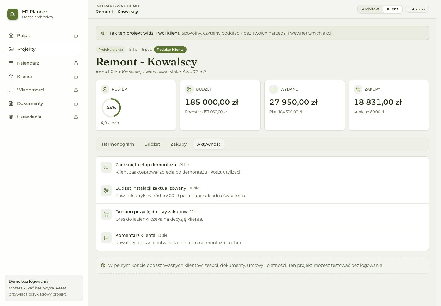 Portal klienta z aktualnym statusem projektu w M2 Planner