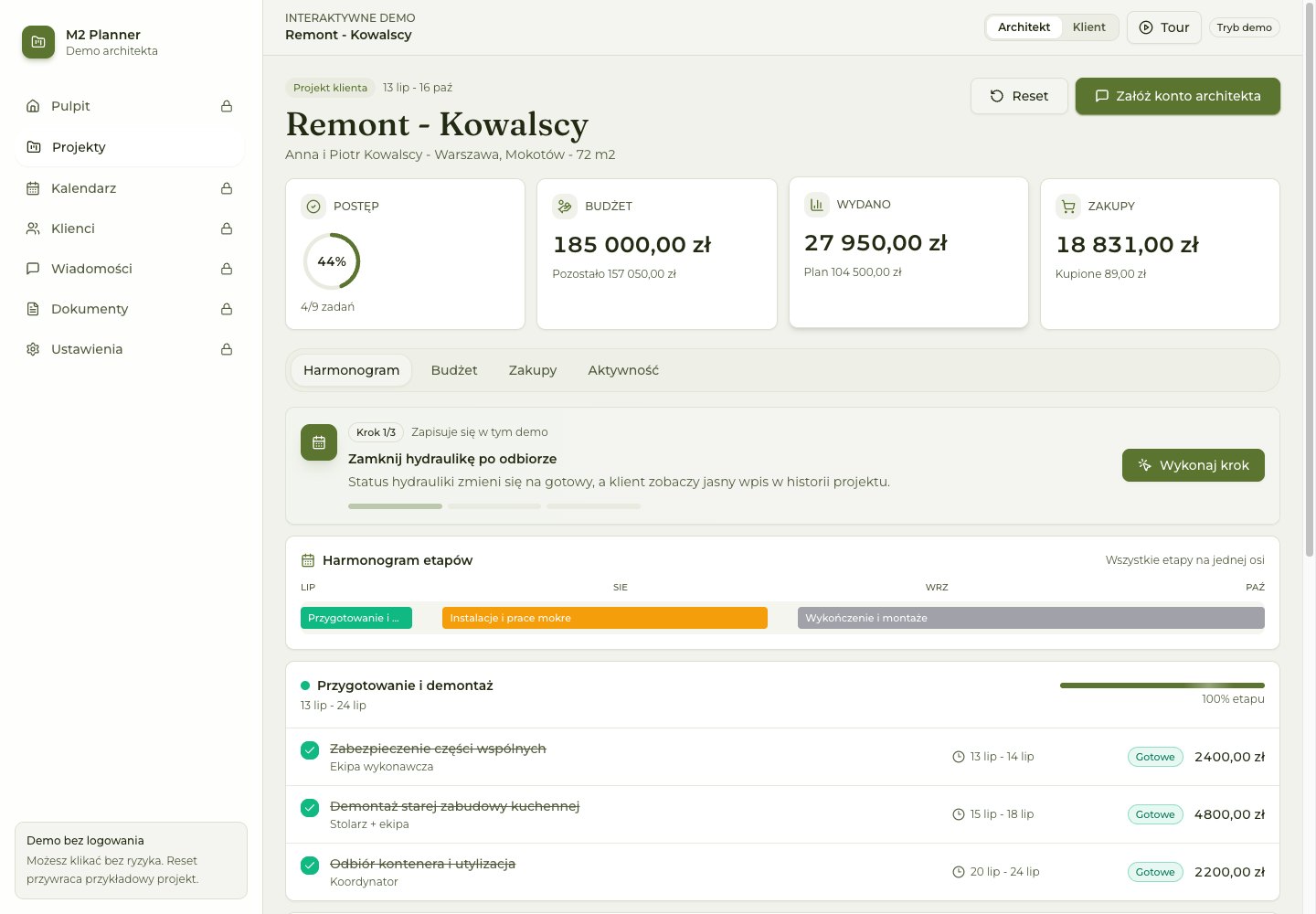 Harmonogram projektu klienta w M2 Planner